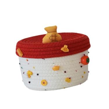 Imagem de FytStycale Cesto de armazenamento redondo com tampa, caixa organizadora, com tampa, decoração para casa, organizador de corda, para quarto de bebê, fios, Tampa Vermelha, Base Branca