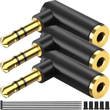 Imagem de MKBKLLJY 3 peças, adaptador de áudio macho para fêmea com ângulo de 3,5 mm, ângulo reto de 90 graus, conector auxiliar TRS estéreo banhado a ouro com abraçadeiras para cabos, plugue de orifício para