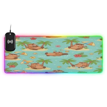 Imagem de CEBUGI Lindo mouse pad Capybara de carregamento sem fio 15 W rápido para jogos com 14 iluminação LED RGB para jogos, PC, laptop, mesa 90,9 x 39,9 cm
