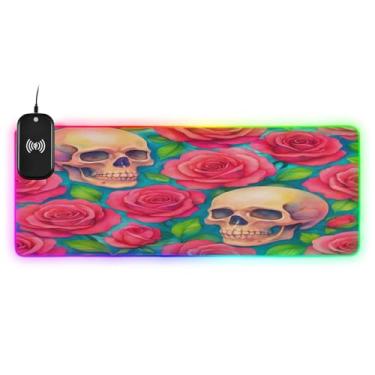 Imagem de CEBUGI Skulls Rose Mouse Pad de carregamento sem fio 15 W rápido para jogos com 14 iluminação LED RGB para jogos, PC, laptop, mesa 80 x 30 cm