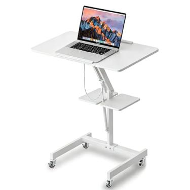 Imagem de FULOOPHI Mesa móvel de pé com rodas, mesa de laptop ajustável em altura, estação de trabalho ergonômica portátil de 70 cm com rodízios de travamento e parte superior inclinada, branca