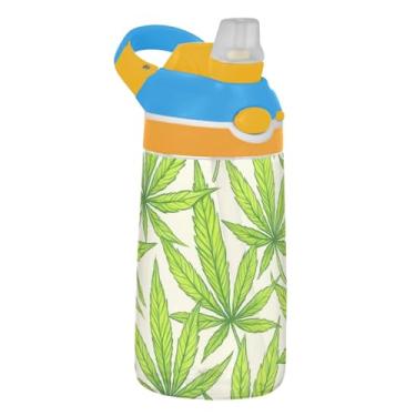 Imagem de Garrafa de água infantil de 473 ml com tampa de palha, garrafa de água esportiva Tritan portátil de 473 ml, copo infantil reutilizável à prova de vazamento, alça de transporte, folhas verdes de