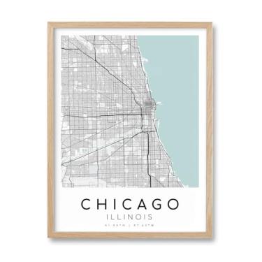 Imagem de HesenDot Arte de parede emoldurada com mapa de Chicago, impressão em tela de mapa da cidade, moldura de carvalho natural com vidro acrílico, pôster moderno minimalista Illinois decoração para sala de