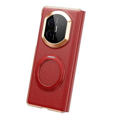 Imagem de POYUFRG Capa de couro genuíno para Huawei Mate X7, capa flip galvanizada fina para janela de visualização inteligente com anel magnético, vermelha, Mate X7