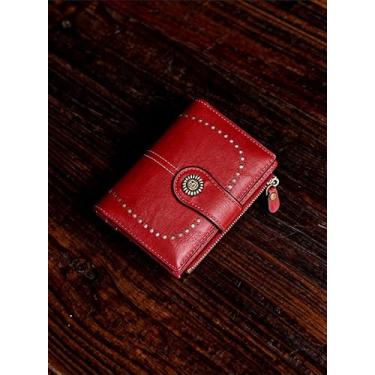 Imagem de Carteira feminina com bloqueio de RFID, couro encerado, com três dobras, fina, curta, vários compartimentos para cartão para uso diário