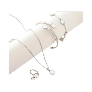 Imagem de Conjunto De Joias Femininas Com Flores 5 Peças Colar Pulseira Brincos 