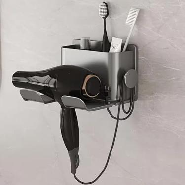 Imagem de Suporte versátil para secador de cabelo montado na parede com armazenamento, inclui pente e prateleira de barbear, rack para secador de cabelo para prateleiras de banheiro sem perfuração, suprimentos