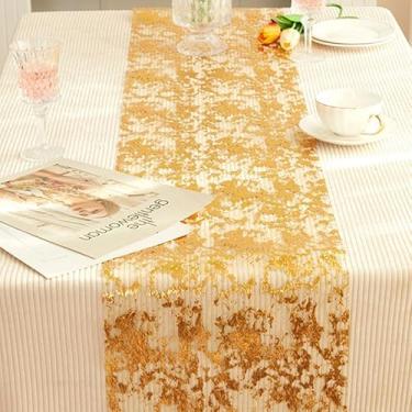 Imagem de Caminho de mesa (28 cm x 272 cm), rolo de mesa de malha metálica com glitter de lantejoulas, decorações retangulares brilhantes para casamento, festa de aniversário, Natal, aniversário, ação de graças