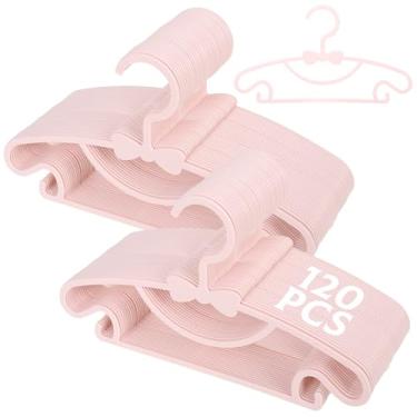 Imagem de Pacote com 120 cabides rosa para berçário, lindos cabides de plástico com laço para roupas infantis, antiderrapantes, ultrafinos, pequenos casacos e calças, cabides de secagem para armário, lavanderia
