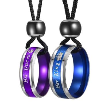 Imagem de UTHOSMDO Conjunto de colar para casais His Queen Her King, anéis de aço inoxidável roxo e azul, cordão preto para casais presentes para amantes, Adjustable, Aço inoxidável Aço inoxidável Cordão de