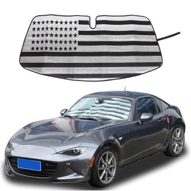 Imagem de O para-sol de para-brisa original para Mazda MX-5 ND Fiat Abarth 124 2016 2017 2018 2019 2020 2021 2022 2023 2024 2025+ Para-brisa de carro protetor solar refletivo (prata preta bandeira dos EUA)