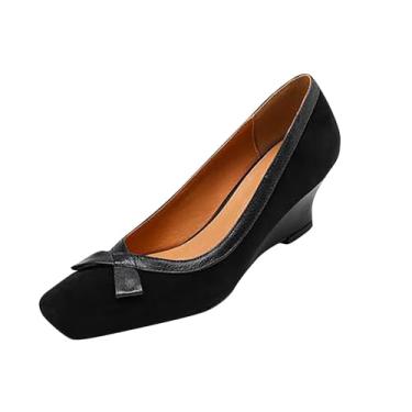 Imagem de Sapatos franceses femininos casuais modernos que combinam com laço, bico quadrado, salto alto plataforma para o verão, saias combinando, boca rasa, jateamento de areia, Preto, 34