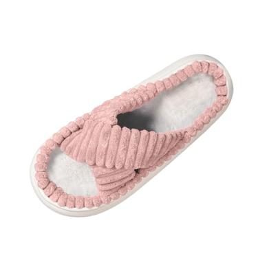 Imagem de Pantufas femininas de inverno com alças peludas, casuais, para uso doméstico, plano para ambientes internos, externos, faixa cruzada de pelúcia macia, faixa de tamanhos de superfície disponível, rosa