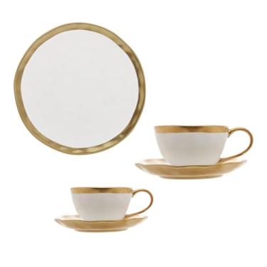 Imagem de Conjunto de Prato e Xícaras de Porcelana Dubai Branco ou Preto e Dourado Luxo Elegância Chique (Branco e Dourado)