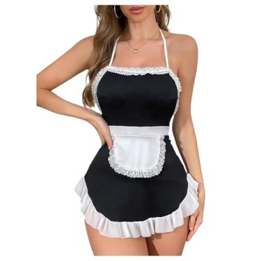 Imagem de SweatyRocks Fantasia feminina de empregada doméstica de renda, babados, bainha, lingerie, cosplay, lingerie preta e branca, pequena