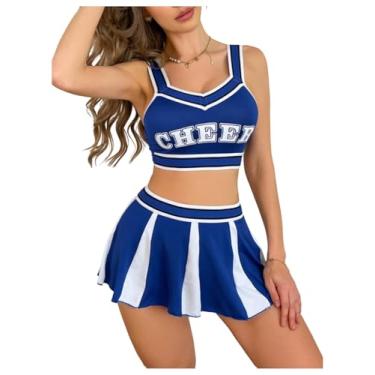 Imagem de SHENHE Conjunto de 2 peças de fantasia feminina de líder de torcida cosplay lingerie micro saia, Azul, X-Large