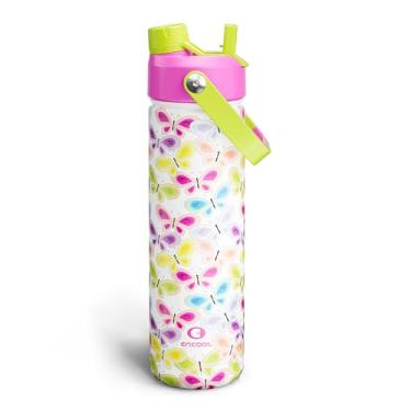 Imagem de ENCOOL Garrafa de água isolada com canudo de aço inoxidável, à prova de vazamento, livre de BPA, vácuo de parede dupla mantém frio por 24 horas para esportes, viagens, escola (740 ml, borboleta
