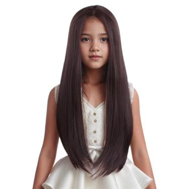 Imagem de Edivd Peruca Marrom Escuro Para Crianças, Longa, Mista, Lisa, Meninas, Parte Do Meio, Sintética Resistente Ao Calor, Com Touca