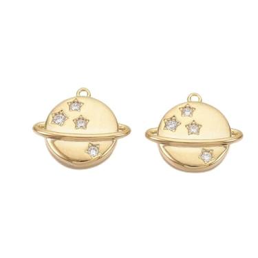 Imagem de 2 pingentes de latão planeta de zircônia cúbica transparente banhado a ouro 18 quilates pequenos pingentes de joias para brincos faça-você-mesmo, colares, pulseiras, correntes, joias, artesanato