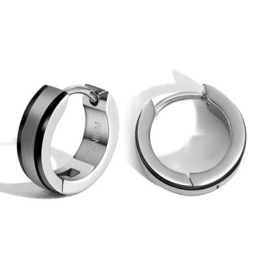 Imagem de TGNEL Brincos de argola masculinos pequenos de titânio para orelhas sensíveis, brinco de argola de titânio escovado moderno com borda de degrau para homens, dois tons