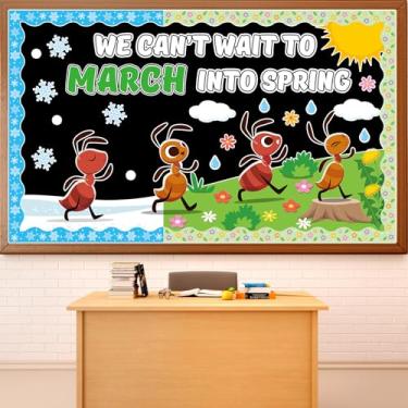 Imagem de Conjunto de quadro de avisos Spring Ant March into Spring Classroom, decoração de sala de aula, flores coloridas, quadro de avisos, molas, formigas, recortes de papel para decoração de parede de volta