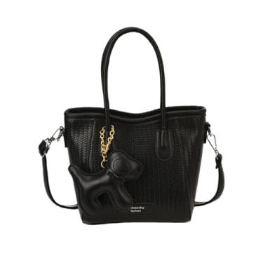 Imagem de CORIOS Bolsa feminina com pingente de cachorrinho 3D de couro PU, bolsa tiracolo elegante com textura tecida, bolsa mensageiro, Preto, Large