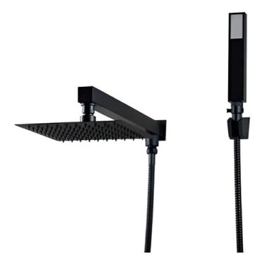 Imagem de Chuveiro quadrado em aço inoxidável, preto fosco, com ducha manual e desviador.