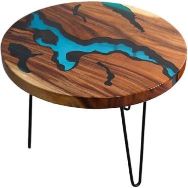 Imagem de Mesa de centro de nogueira nórdica leve janela baía de ferro pequeno apartamento simples redonda mesa de resina de madeira maciça