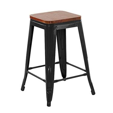 Imagem de Loft7, Banqueta Iron Tolix com assento de madeira rústica escura Kit 61 cm Kit Preto