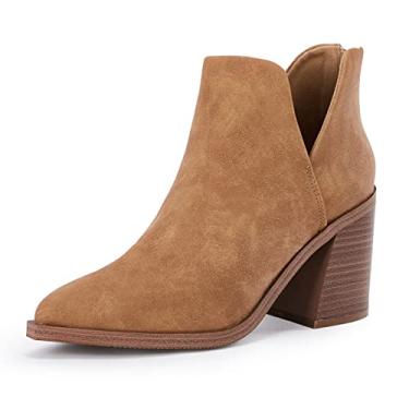 Imagem de FISACE Botas femininas de salto médio empilhadas com bico fino e zíper em couro sintético, Nobuck de café, 6