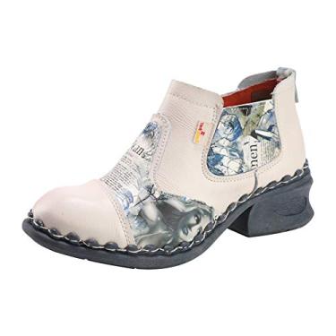 Imagem de TMA EYES Botas femininas de couro no tornozelo sapatos casuais de puxar com zíper para atividades ao ar livre, Branco, 6