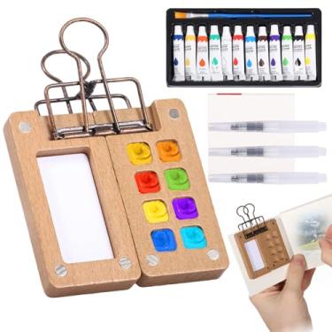 Imagem de Mini conjunto de aquarela para viagem 12/24 paleta de tintas, caderno de esboço, caneta de água, clipe de pincel, paleta de tinta guache de madeira portátil para esboços ao ar livre para estudantes de