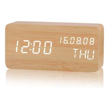 Imagem de Despertador: Calendário perpétuo, LED, controle de voz, madeira - J-On