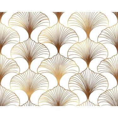 Imagem de Stickyart Papel de parede dourado luxuoso folha de ginkgo descasque e cole papel de parede moderno Art Deco padrão de leque removível metálico dourado minimalista papel de contato para armários realce