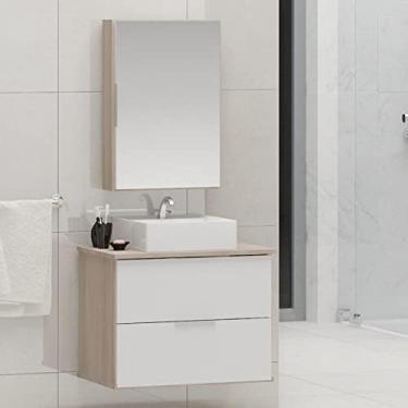 Imagem de Gabinete Banheiro 60cm com Cuba Sobrepor e Espelheira Rubi Gabinetes Joia Amadeirado/branco