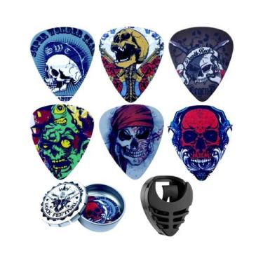 Imagem de Palhetas De Guitarra Médias (6 Unidades) Em Caixa De Metal Com Suporte
