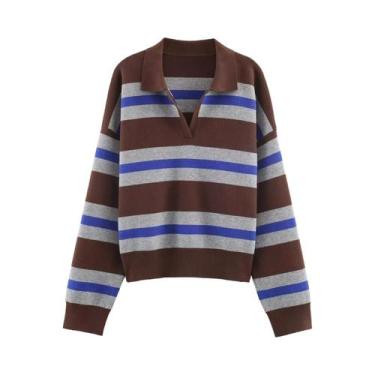 Imagem de Suéter Feminino Listrado De Tricô Manga Comprida Estilo Vintage Chique