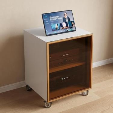 Imagem de Gabinete de suporte de mídia AV - Rack de áudio estéreo de madeira com portas de vidro temperado para armazenamento em home office e cinema - Serve para CD Player e componentes de mídia