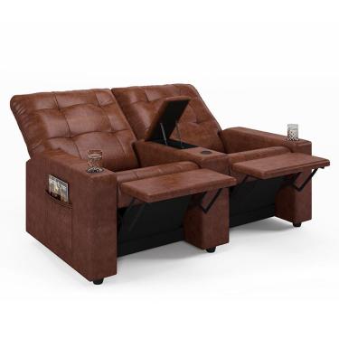 Imagem de Poltrona Do Papai Reclinável Sala De Cinema 2 Lugares Manual Baú Usb Pu Marrom Brilho