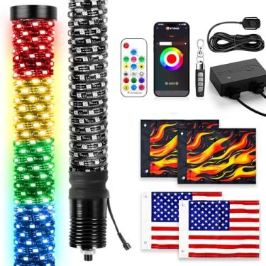 Imagem de Pacote com 2 luzes de 3 m com aplicativo e controle remoto, espiral RGB perseguição iluminada com interruptor de desligamento, luzes de chicote lado a lado com 4 bandeiras para caminhão UTV ATV SXS