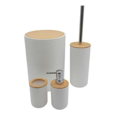 Imagem de Kit Para Banheiro 4 Peças Lixeira Porta Escova Tampa Bambu G - Casa Ca
