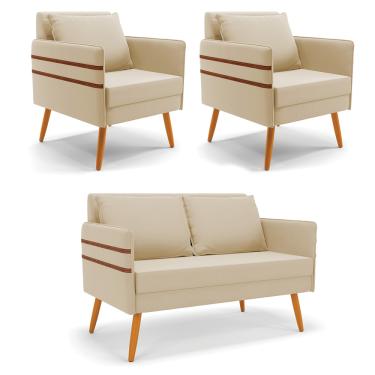 Imagem de Kit 1 Namoradeira 02 Lugares e 2 Poltronas Mari Suede Pés Palito Castanho - D'Rossi