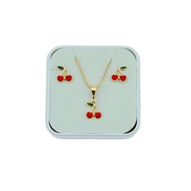 Imagem de Conjunto Infantil Brinco e Colar Cereja Folheado a Ouro - Tarraxa Baby
