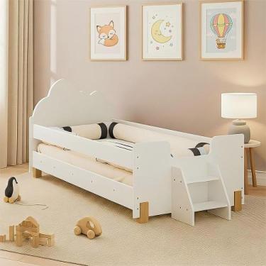 Imagem de Cama Juvenil Lorena Montessoriana Cabeceira Nuvem Escadinha Grade Late