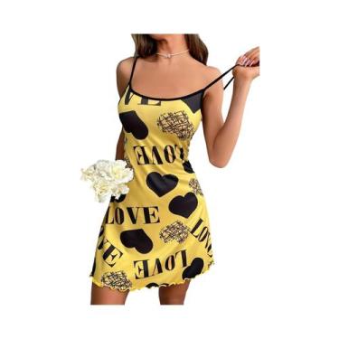 Imagem de Camisola Sexy Feminina Com Alças Finas Em Cetim, Estampa De Coração, R