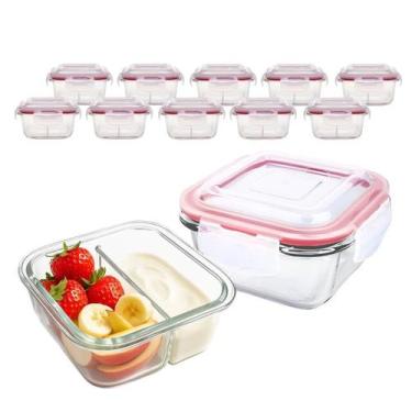 Imagem de Kit 10 Potes De Vidro Tampa Hermético 2 Divisórias Marmita Fit 4 Trava