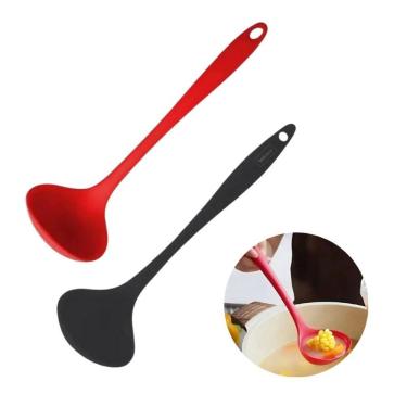 Imagem de Concha para Feijão, Sopas e Caldos Kit 02 Concha Feijão Vermelha - Preta 28CM Silicone Flexível Livre de BPA