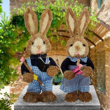 Imagem de Enfeite de Páscoa Casal de Coelhos Decorativos para Ambientes Diversos com Acabamento em Tecido 35CM