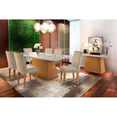 Imagem de Conjunto: Mesa de Cozinha Luna Tampo Madeirado c/ Vidro Canto Reto 180x90cm e 6 Cadeiras Lunara Capuccino/Suede Capuccino - Rufato