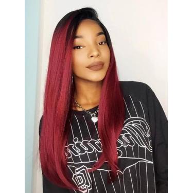 Imagem de Peruca Lace Front Cabelo Humano Liso Ombre Vermelho - 55 cm - COD 117 